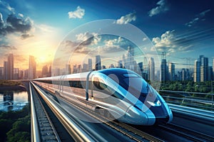 High-speed train on the highway at sunset in Shanghai, China, High-speed train on the road to the modern city, presented in 3D