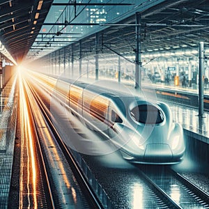 High speed train hurtles through station in rain