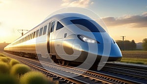 High-speed train with motion blur effect.Fast moving modern passenger transportation.