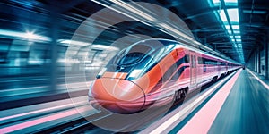 High speed train in motion blur with motion blur. Generative AI