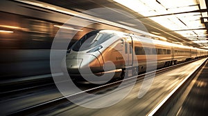 High-speed train, motion blur, slow shutter camera speed created with generative AI technology