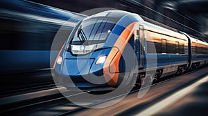 High-speed train, motion blur, slow shutter camera speed created with generative AI technology