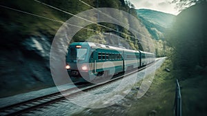 High-speed train, motion blur, slow shutter camera speed created with generative AI technology