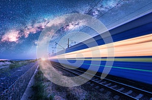 High speed train in motion and Milky Way at starry night