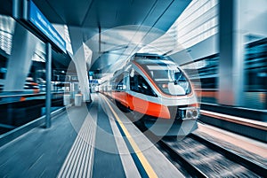 High speed train in motion at modern railway station