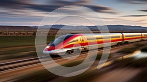 High speed train in motion on the railway. Modern intercity passenger train with motion blur effect. High speed train is