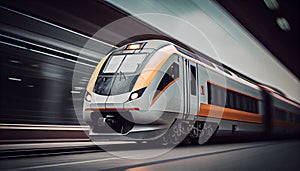 High speed train in motion on the railway station at sunset. Fast moving modern passenger train on railway platform