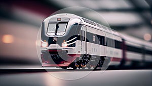 High speed train in motion on the railway station at sunset. Fast moving modern passenger train on railway platform