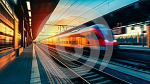 High speed train in motion on the railway station at sunset. Fast moving modern passenger train on railway platform. Railroad with