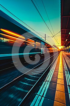 High speed train in motion on the railway station at sunset. Fast moving modern passenger train on railway platform. Railroad with