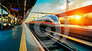 High speed train in motion on the railway station at sunset. Fast moving modern passenger train on railway platform. Railroad with