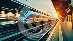 High speed train in motion on the railway station at sunset. Fast moving modern passenger train on railway platform. Railroad with