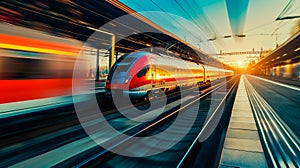 High speed train in motion on the railway station at sunset. Fast moving modern passenger train on railway platform. Railroad with