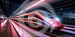 High-speed train moving on Asian train station. Modern passenger train moving fast on the train platform. commercial