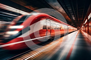 High speed train moving on railway station with motion blur effect, transportation concept