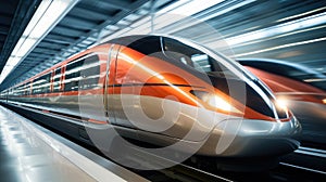 High speed train passing station with motion blur background