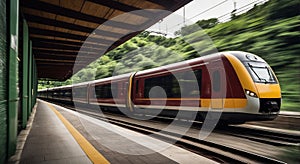 High-speed train passing a station surrounded by lush green trees and a modern platform design photo