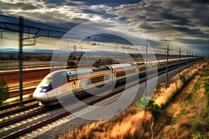 High-speed train races down the tracks, cutting through the landscape with incredible speed and efficiency