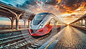 High speed train on railroad tracks at sunset. Railway transport concept.