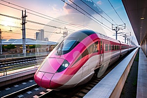 high speed train on railway station at sunset,shanghai china, The high-speed train in Bangkok, Thailand, AI Generated
