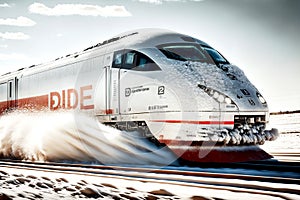High-speed train railway transport rushing through snow on road