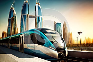 High-speed train railway transport technology of future against backdrop of skyscrapers