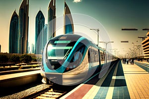 High-speed train railway transport technology of future against backdrop of skyscrapers