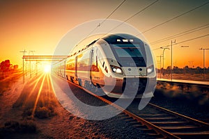 High-speed train railway transport traveling on rails against backdrop of setting sun