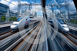 High Speed Train Reflected in Window at City Station