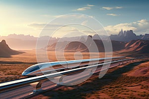 High-speed train on the road in the mountains. 3d render, A hyperloop train speeding through a vast landscape, AI Generated