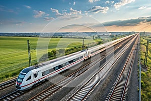 High-speed train running on rail tracks photo