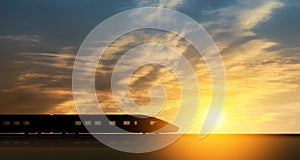 High speed train silhouette in motion at sunset. Fast moving modern passenger train on railway platform.