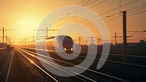 High speed train silhouette in motion at sunset. Fast moving modern passenger train on railway platform