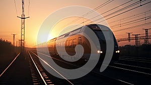 High speed train silhouette in motion at sunset. Fast moving modern passenger train on railway platform