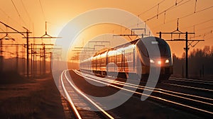 High speed train silhouette in motion at sunset. Fast moving modern passenger train on railway platform