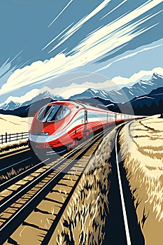 high speed train speeding through scenic fields and mountains