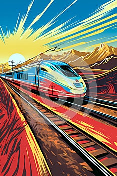 high speed train speeding through scenic fields and mountains