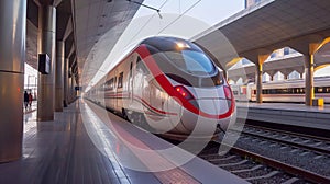 High-speed train stands at the station at night. Modern speed train standing at the station