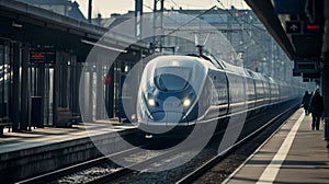 High-speed train stands at the station at night. Modern speed train standing at the station