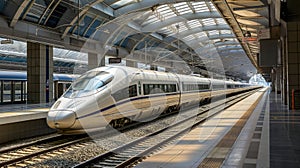 High-speed train stands at the station at night. Modern speed train standing at the station