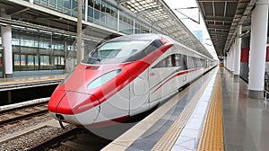 High-speed train stands at the station at night. Modern speed train standing at the station