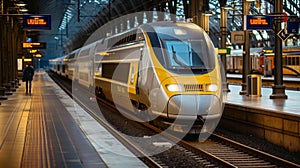 High-speed train stands at the station at night. Modern speed train standing at the station