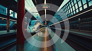 High-speed train stands at the station at night. Modern speed train standing at the station