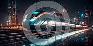 High speed train at station and blurred cityscape at night on background. Generative AI