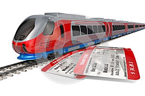 High speed train with tickets. Travel concept, 3D rendering