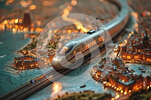 A high-speed train is traveling by rail on the background of the map. The concept of travel. 3d illustration