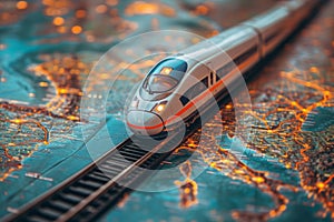 A high-speed train is traveling by rail on the background of the map. The concept of travel. 3d illustration