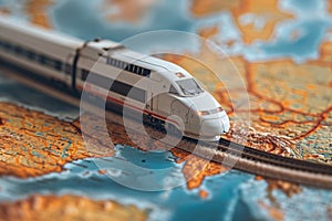 A high-speed train is traveling by rail on the background of the map. The concept of travel. 3d illustration
