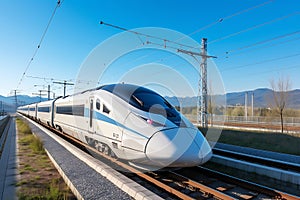 High-speed train on the way. The train arrives or departs from the station