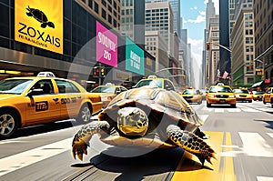 High-Speed Turtle Sprinting Down a Bustling City Avenue - Blurring Past Pedestrians and Zooming Between Urban Hustle